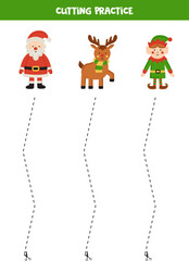 Cutting practice for children with cute cartoon Christmas characters.