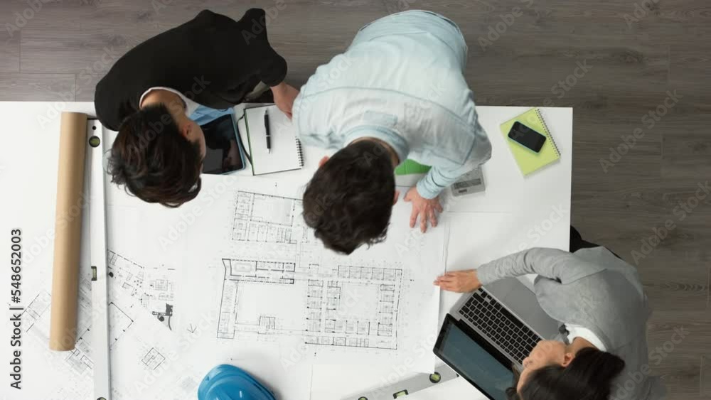 Poster Architect, blueprint and team collaboration for construction and building project, planning strategy and development. Teamwork, engineering and architecture with man and women design group in office
