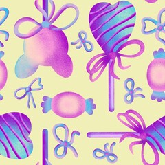 Hand drawn seamless pattern with cupcake pastry bakery baking food. Pastel blue pink purple sweet tasty candy dreamy dessert design, trendy holographic bithday party background.