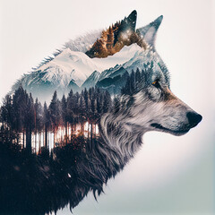 Double exposure of a timber wolf and the forest