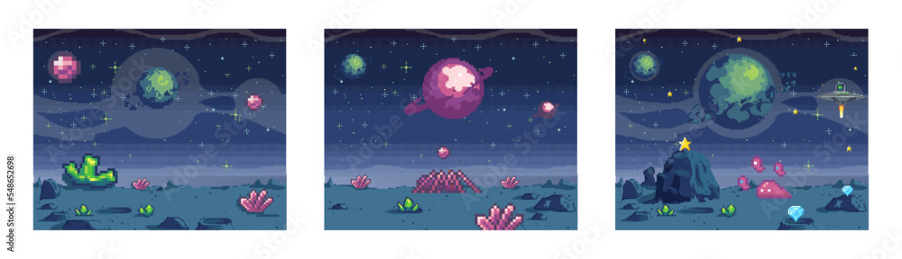 Poster cosmic scenes set in pixel art. pixelated location for game or application. background of space and 
