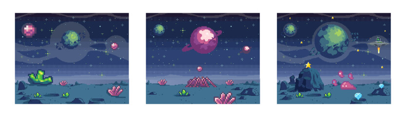 Cosmic scenes set in pixel art. Pixelated location for game or application. Background of space and spaceship. Fantastic landscape with planet, UFO and stars. 8 bit video game. Galactic videogame area