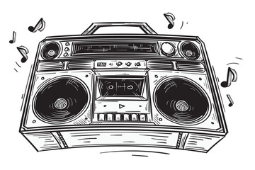 Drawn boom box tape recorder with musical notes - obrazy, fototapety, plakaty