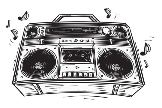 Drawn boom box tape recorder with musical notes