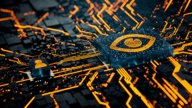 Vision Technology Concept with eye symbol on a Microchip. Orange Neon Data flows between the CPU and the User across a Futuristic Motherboard. 3D render.
