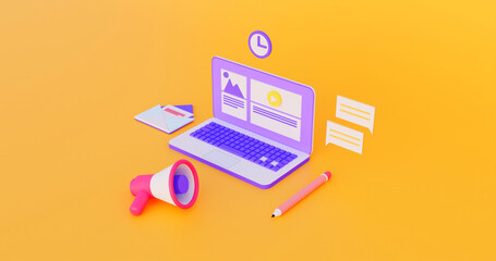 3d icon illustration for web design with a laptop and others with marketing essence
