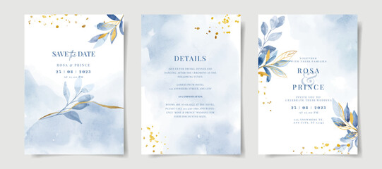 Elegant watercolor and leaves on wedding invitation card template
