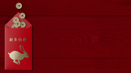 Red Envelope on wood, with lucky gold coins, and the message "Happy New Year". Chinese New Year Concept.