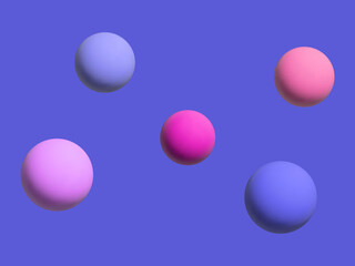 3d sphere, colorful blue background. Flying abstract pink balls, geometric round shapes, with a glossy glow and gradient. Design template modern art background, bright circle, orb, liquid. Vector.