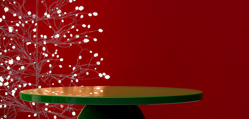 Modern and luxury green glossy round podium with white string lights glass Christmas tree in red...