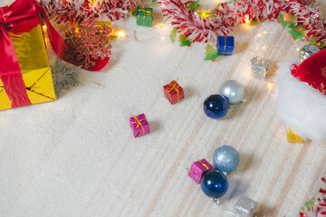 christmas, composition, event, festive, ball, year, bauble, gift, new, box, decoration, holiday, red, background, flat, lay, table, top, view, layout, minimal, ornament, present, star, streamer, frame
