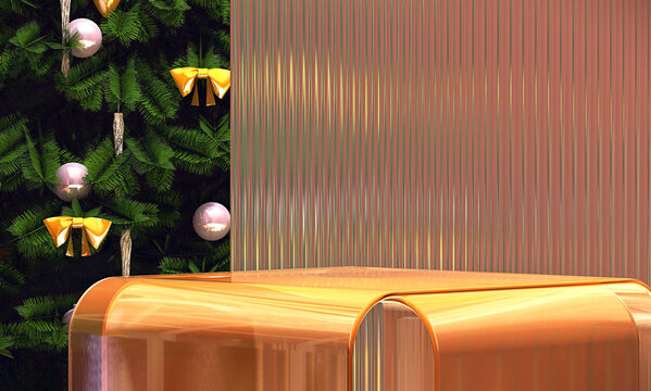 Modern and luxury design of glossy gold colored acrylic glass podium with Christmas tree, shiny ornaments and reeded glass partition in background for Christmas celebration and product display concept