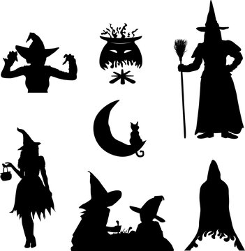 Witch and cauldron silhouettes vector