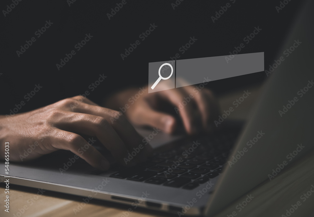Poster businessman show their entry into digital technology by searching for information in internet browse