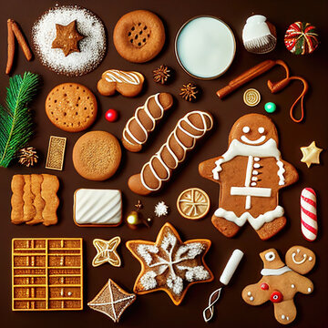 AI generated image of knolling of gingerbread cookies and other Christmas food items 