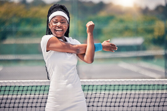 Tennis, sports and stretching with a black woman portrait getting ready for a competition game on court outdoor. Fitness, health and warm up with a female tennis player or athlete training outside