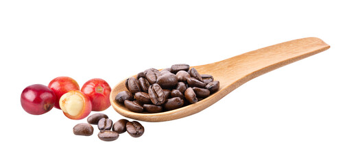 Roasted coffee beans in wood spoon and fresh coffee isolated on transparent png