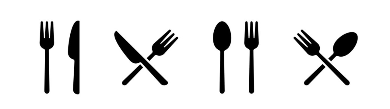 Silverware solid monochrome icon set. Fork, Spoon and Knife icons.