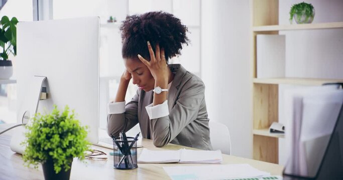 Migraine, business woman and computer with headache for online planning, confused and in office. Female entrepreneur, black girl and lady with burnout on internet and upset with depression or stress