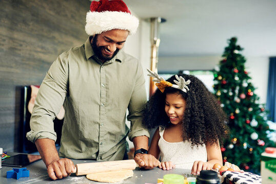Bonding father, girl or Christmas baking rolling pin in house or home kitchen for festive breakfast, holiday dessert or celebration pie. Smile, happy or xmas man and cooking child with cookies pastry