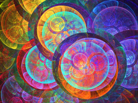 Imagen de arte fractal digital compuesta de anillos negros rellenos de colores llamativos en un todo que simula ser unos conjuntos planetarios luminiscentes intercalados.