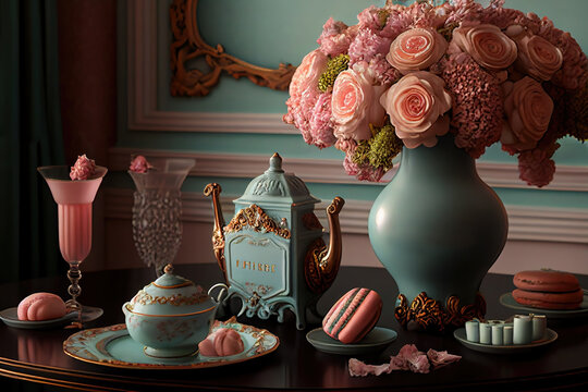 AI generated image of a vintage ornate high tea table with stacked dinnerware, tea cup, pink roses and gold cutlery	