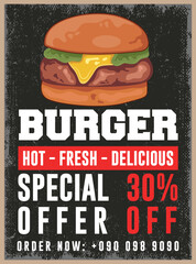 Burger fast food restaurant advertisement promo flyer poster vector template