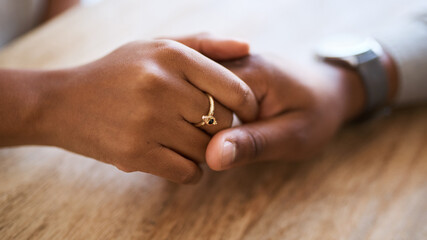 Holding hands, support and trust with couple and love, solidarity, comfort and care with hands zoom...