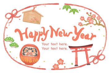 水彩風、お正月のイラストを使ったフレーム素材。ベクター素材。