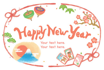 水彩風、お正月のイラストを使ったフレーム素材。ベクター素材。