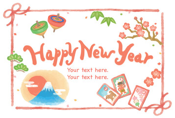 水彩風、お正月のイラストを使ったフレーム素材。ベクター素材。