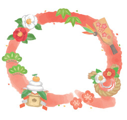 水彩風、お正月のイラストを使った吹き出し風フレーム素材。ベクター素材。