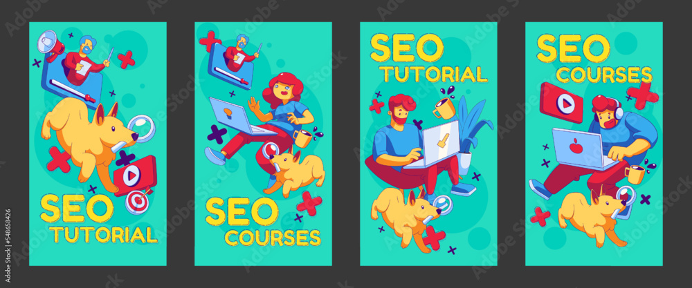 Poster seo tutorial posters. digital concept with contemporary characters with laptops learning search engi