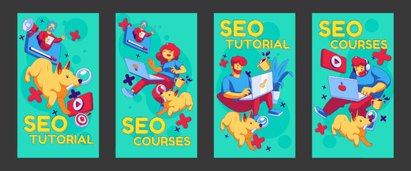 Fototapeta na wymiar Seo tutorial posters. Digital concept with contemporary characters with laptops learning search engine optimization courses distantly via internet, Cartoon linear vertical vector banner templates