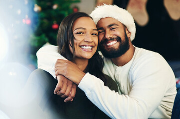 Christmas, love and portrait of couple hug in celebration of a Christian winter holiday in house...