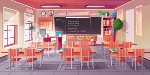 Classroom for math learning interior with teacher and students desks, chalkboard with equations and formulas, bookcase and rulers, vector cartoon illustration