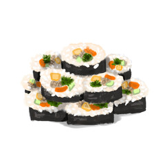 Kimbap with chicken, cucumber, spinach and carrots, watercolor illustration