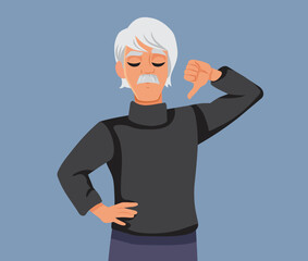 Elderly Man Holding Thumbs Down Being Unappreciative Vector Illustration. Senior grandpa feeling disappointed giving negative feedback 
