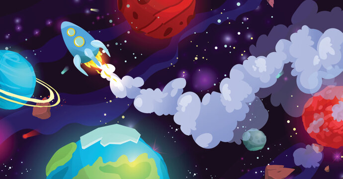 Space cartoon vector illustration with different planets and rocket. Galaxy, cosmos, universe element for computer game, web, book for kids.