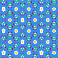 Fototapeta na wymiar Bright summer botanical pattern with red ladybugs and white daisies isolated on a blue background