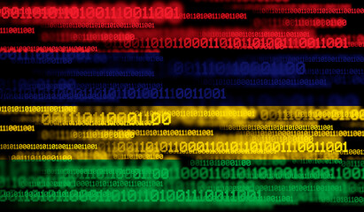 Flag of Mauritius on binary code. Modern technology concept.
