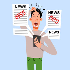 The girl reads the news on the phone. A woman is shocked by what is happening in the world. Vector illustration in flat cartoon style.