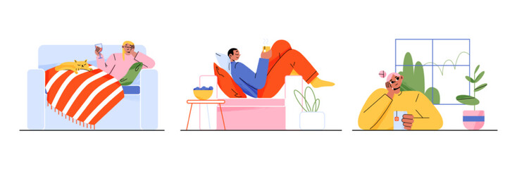 Relaxed people drinking tea and wine, having rest at home. Set of happy flat characters lying on sofa, sitting by window, enjoying hot drink or glass of cocktail. Hygge time. Vector illustration