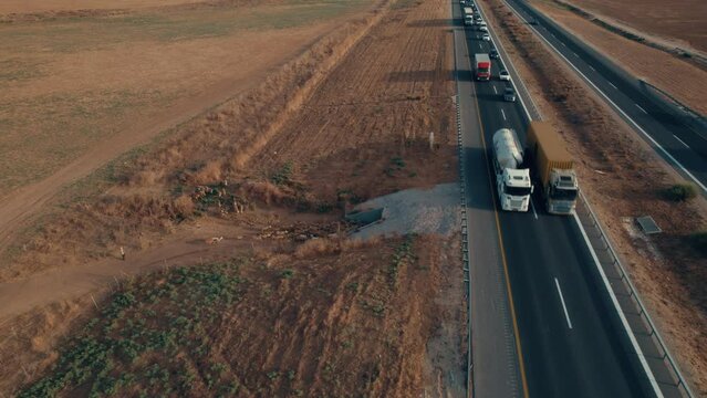 Shepherd with his sheeps crossing a tunnel under a highway. Walkway point for cattle -aerial slide over the road #8