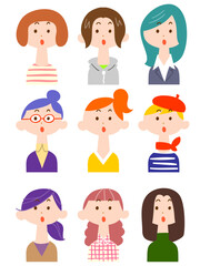 若い女性のイラストセット1　驚いた顔
