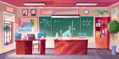 Chemistry classroom interior, vector cartoon illustration. School room with teachers desk, lab experiment equipment, board with formulae on wall, chemicals in bottles on shelves. Science and education