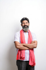 Indian farmer giving expression on white background.