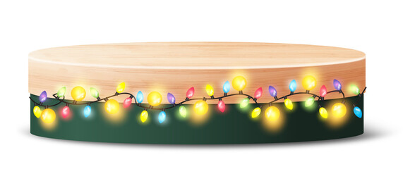 Wood podium exhibit displays award ceremony, Wooden self product presentation with Merry Christmas lights Colorful Xmas garland glow light bulbs on wire strings