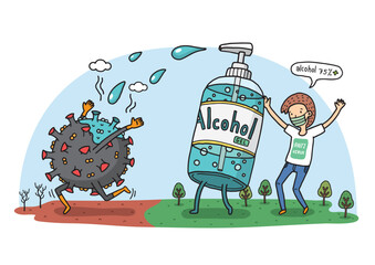 Virus prevention illustration, Protect yourself from viruses and epidemics, People wearing masks, Alcohol destroys the virus, Coronavirus.