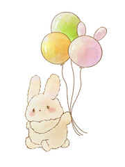 イラスト素材:風船で飛ぶうさぎ　(手描き水彩風)